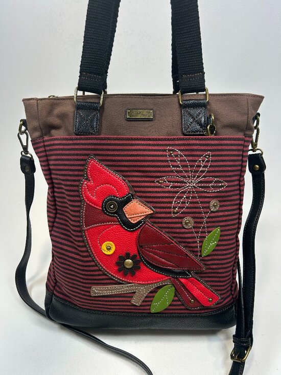 Chala Handbags - CHALA Cardinal Work Tote Faux Leather & Canvas Applique` Crossbody Shoulder Bag